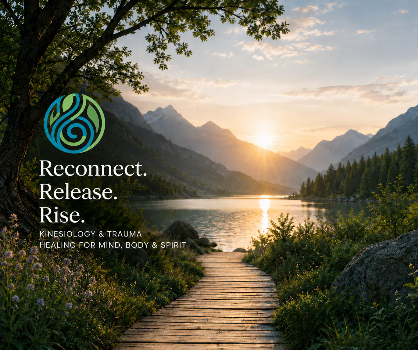 Mountain lake sunrise with a wooden path and the words Reconnect, Release, Rise